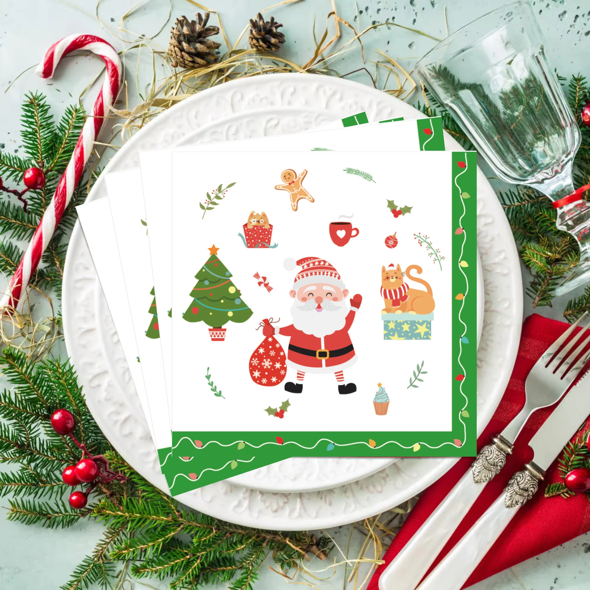 20 Pcs Cartoon Santa Claus Theme - Christmas Tree, Gingerbread Man, Holly Branches Paper Napkins, Perfect for Xmas Party, Crafts