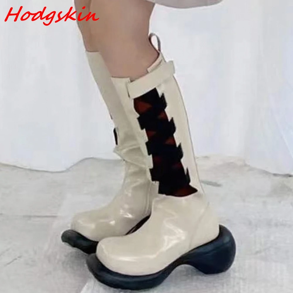 

Riband Cross Tied Boots for Women Round Toe Hollow Mixed Colors Lace Up Strange Style Mature Belt Buckle Fashion Knee High Boots