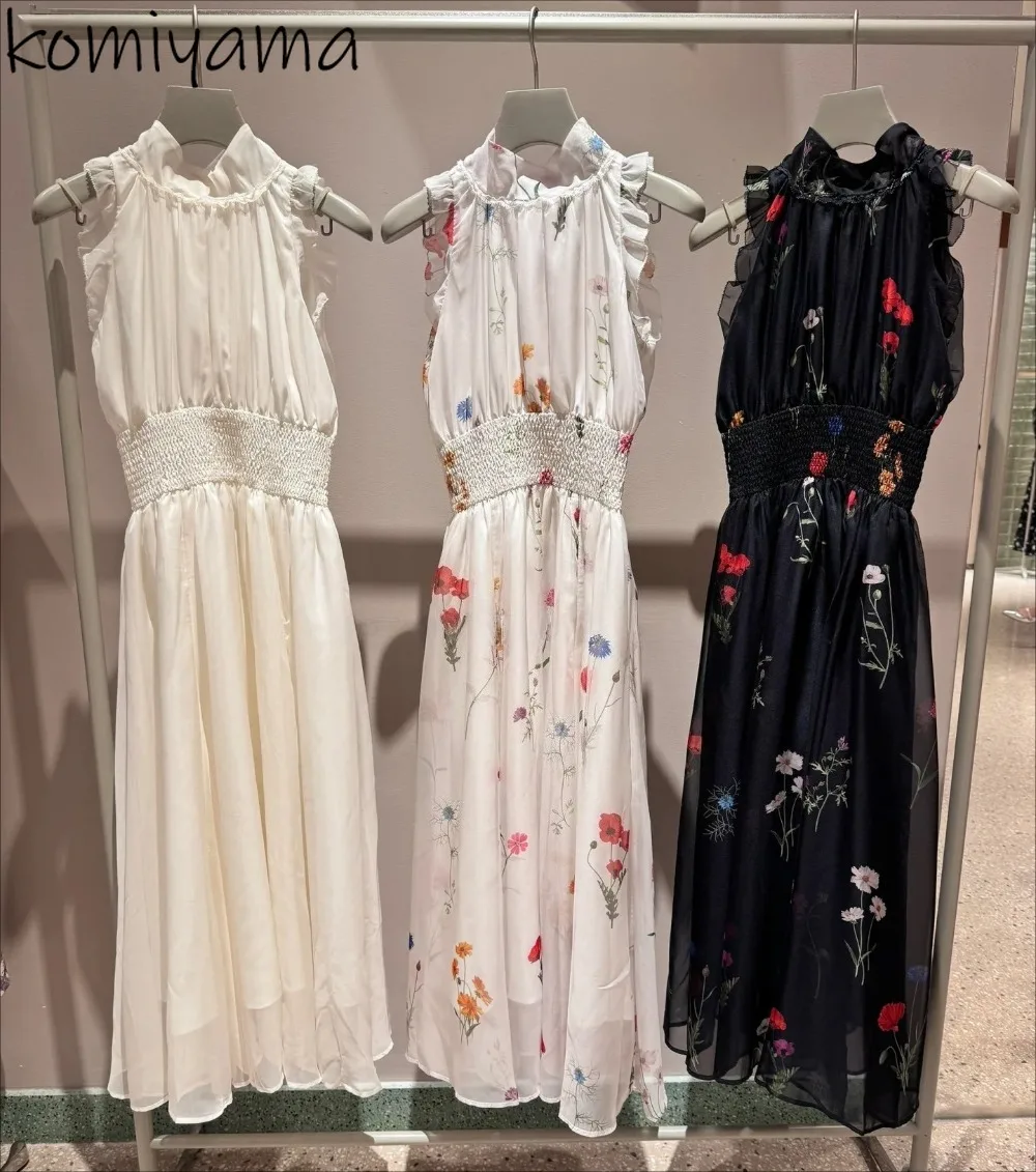 

2025 Floral Print Woman Dress Summer Dresses Stand Collar Lace-up Vestidos Japan Sleeveless Ropa Mujer Tunic A-line Robes