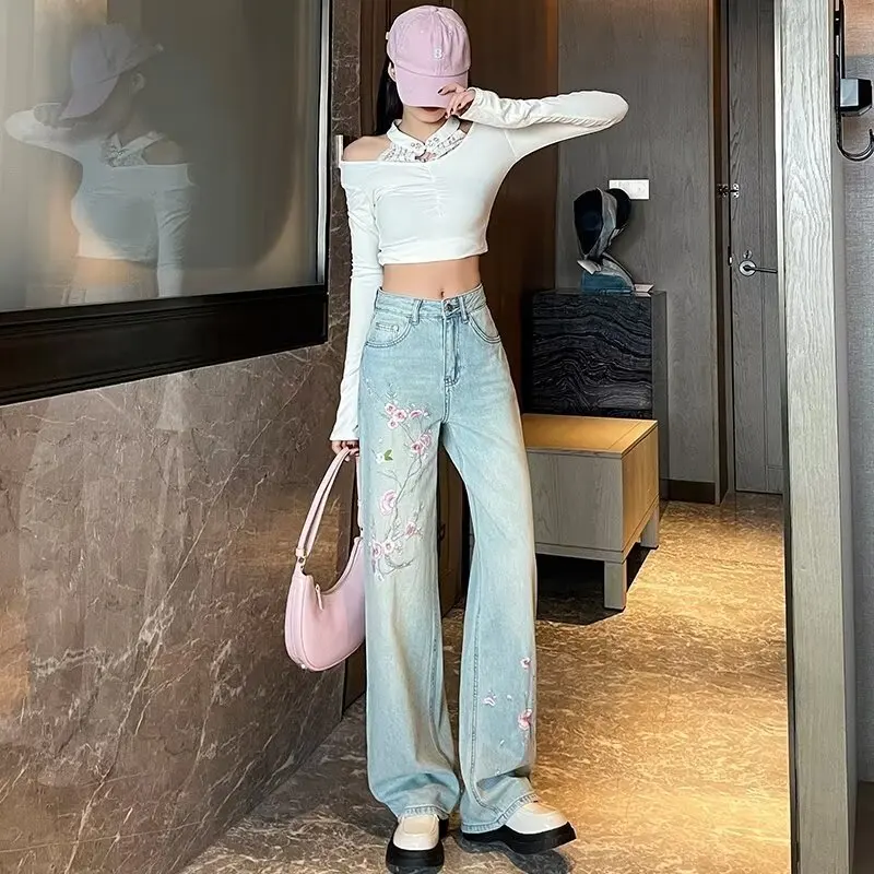 Plum Blossom National Style Retro Embroidered Women's Jeans Women's Summer High Waist Draping Wide Leg Loose Straight Leg Pants