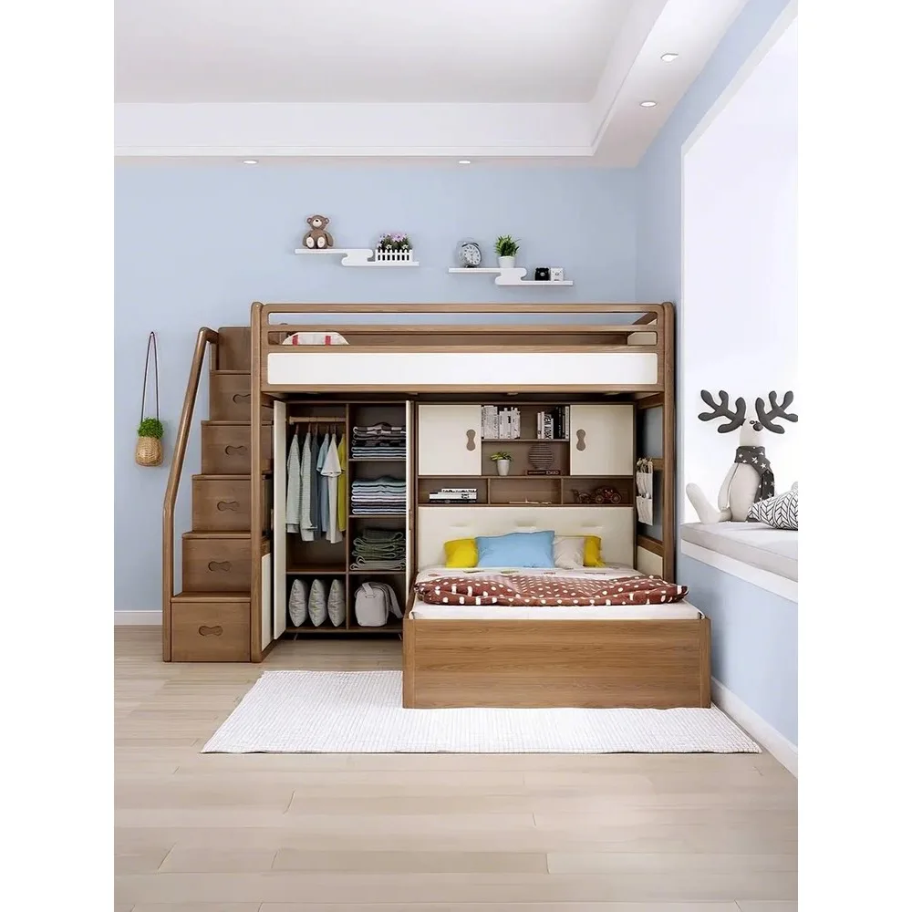 Space-Saving Solid Wood Staggered Bunk Bed, Twin Loft Bed with Desk & Wardrobe Multi-functional Study Bed for Adults