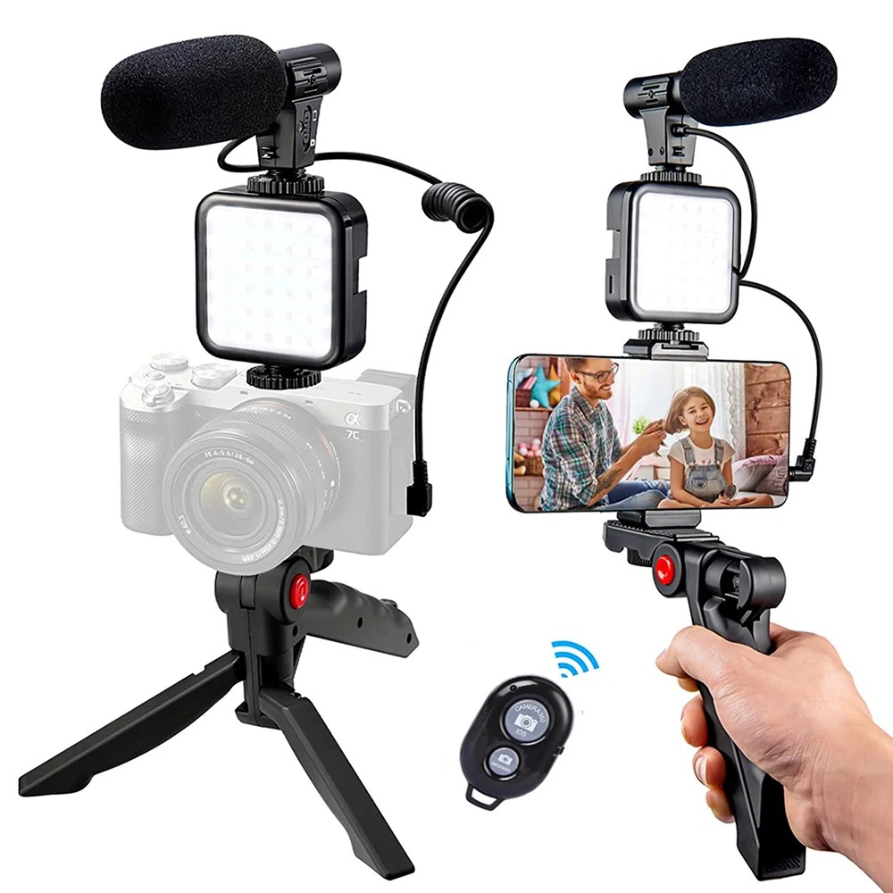 Vlogging Kit Smartphone Camera Video Vlogging Kit for iPhone/Android with Light + Microphone + Tripod + Phone Holder for Vlog