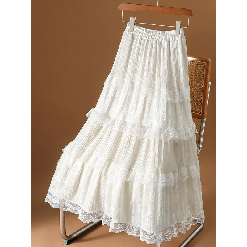 Apricot Lace Velvet for Women Autumn and Winter 2025 New High-waist Slim Versatile Fluffy Cake A-line Skirt