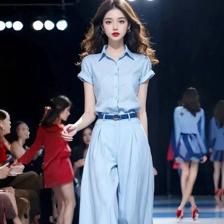 

Женская рубашка с короткими рукавами и лацканами Rumway + широкие длинные брюки, элегантный костюм, новый модный летний комплект из двух предметов высокого класса