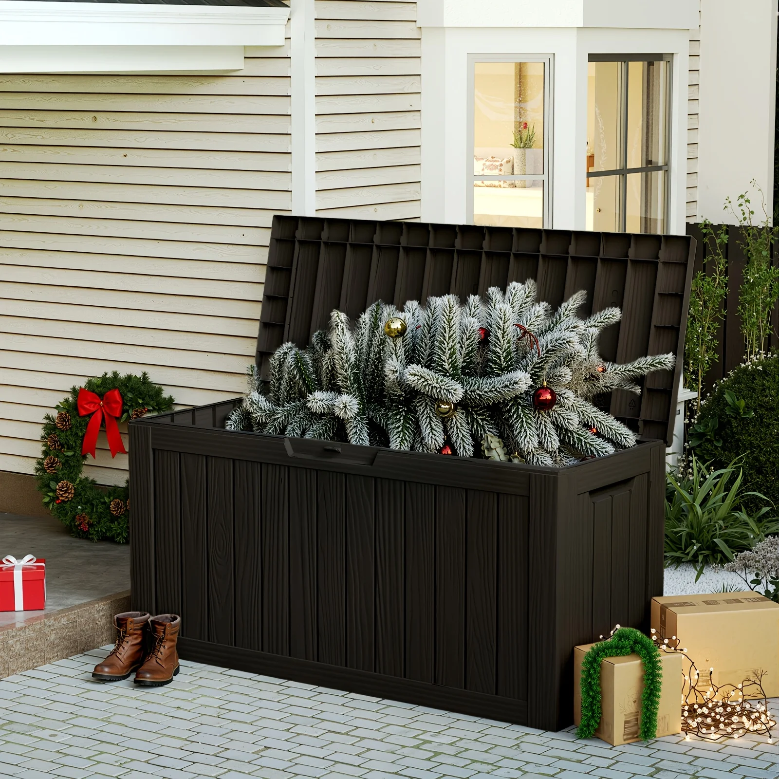 

80 Gallon Large Resin Deck Box, Outdoor Lockable Storage Box with Divider, Weatherproof and UV Resistant, for Patio Cushions Storage Furniture Pool Supplies Garden Tools, Perfect Holiday Gift for Halloween Christmas Thanksgiving, Box Cabinet Rack for Ou