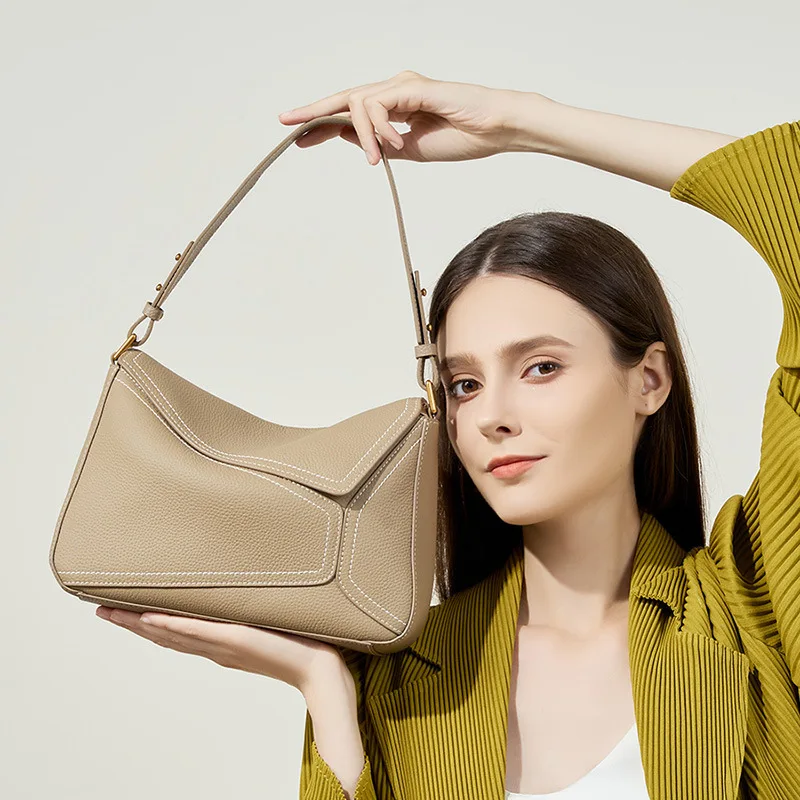 Women Geometric Pillow Bag 2026 New Arrival Premium Top Grain Cowhide Underarm Shoulder Crossbody Daily Commute Handbag