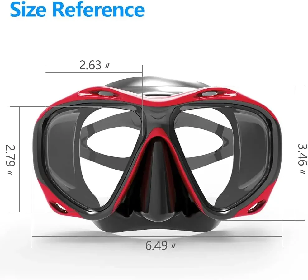 +2.0 to +5.0 Hyperopia Diving Mask, Tempered Glass Anti-Fog Snorkel Set for Men Women (Red)