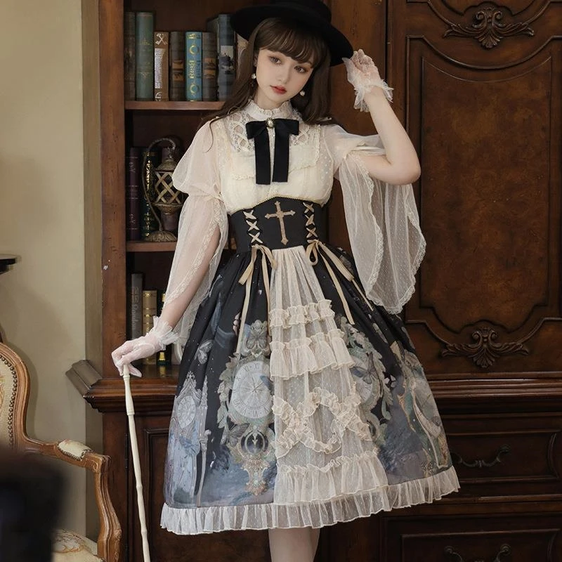 Vestido victoriano gótico de Lolita Kawaii para mujer, blusas de manga de encaje dulce, falda de princesa con estampado de mariposa, conjuntos de Lolita elegantes Vintage