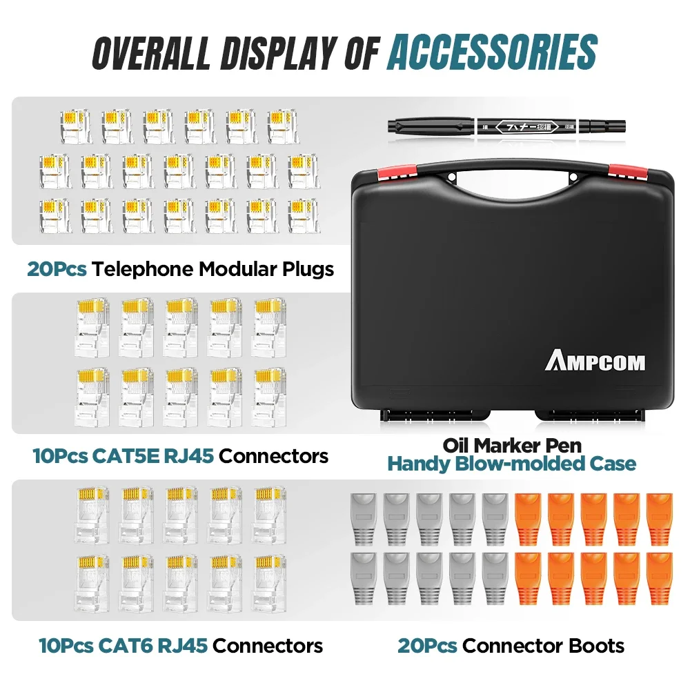 AMPCOM Network Tool Kit, Lan Tester RJ45 Crimper Cat6 CAT5E Connectors RJ11 Punch Down Tool Wire Stripper Pliers Ethernet Cable