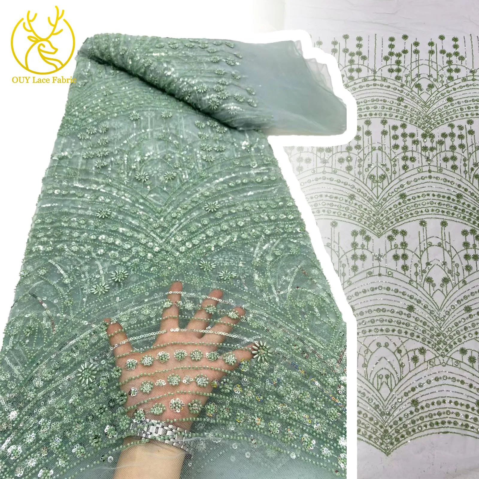 

Dark Green African Beaded Lace Fabric Latest French Sequins Tulle Mesh Decorative Fabric Sewing For Women Party Evening Dresses