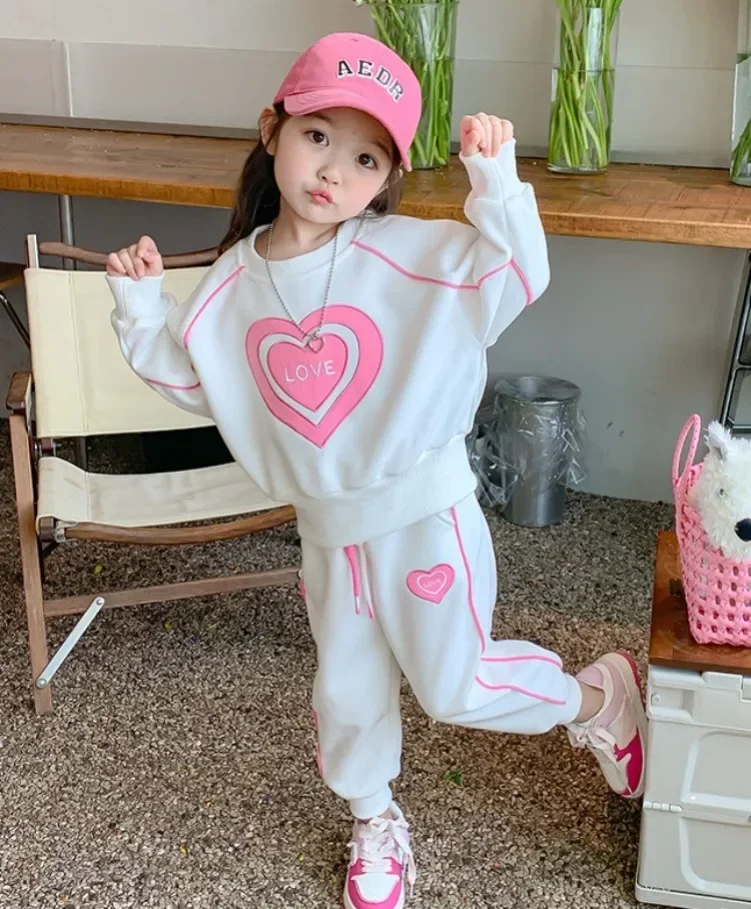 Kids Pullover Tops+Pants 2Pcs Casual Children Clothes Sets Spring Autumn Girls Long Sleeve Sweatshirts Suit Love Hearts Pattern