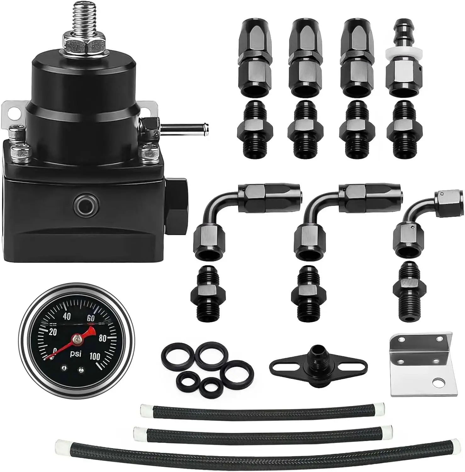 EFI 0-100psi Fuel Pressure Regulator Kit Bypass Return Adjustable Universal Aluminum AN6-6AN Connectors Black Valves