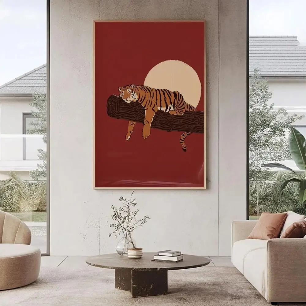 Sleeping Tiger HD Wall Art Poster Retro Moon Red Amber Wildlife Resting Tiger on Branch Eclectic Big Cat Home Decor Gift