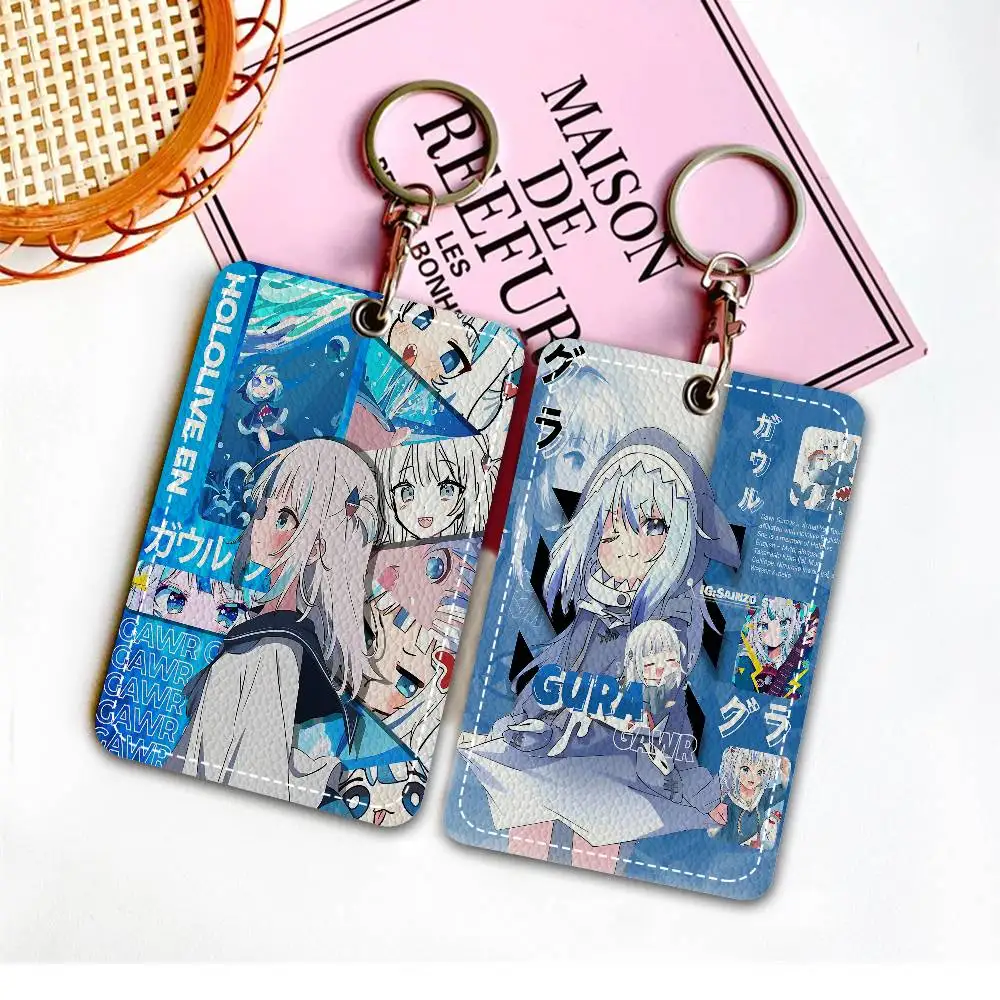 

Кожаный чехол-брелок для карт Gawr Gura в виде мультяшной девочки, прямоугольный, для пропусков и ключей