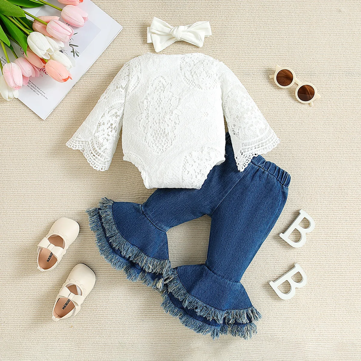 Baby Girls 2Pcs Pants Suit Long Sleeve Round Neck Lace Romper Tops Denim Bell-Bottoms Headband