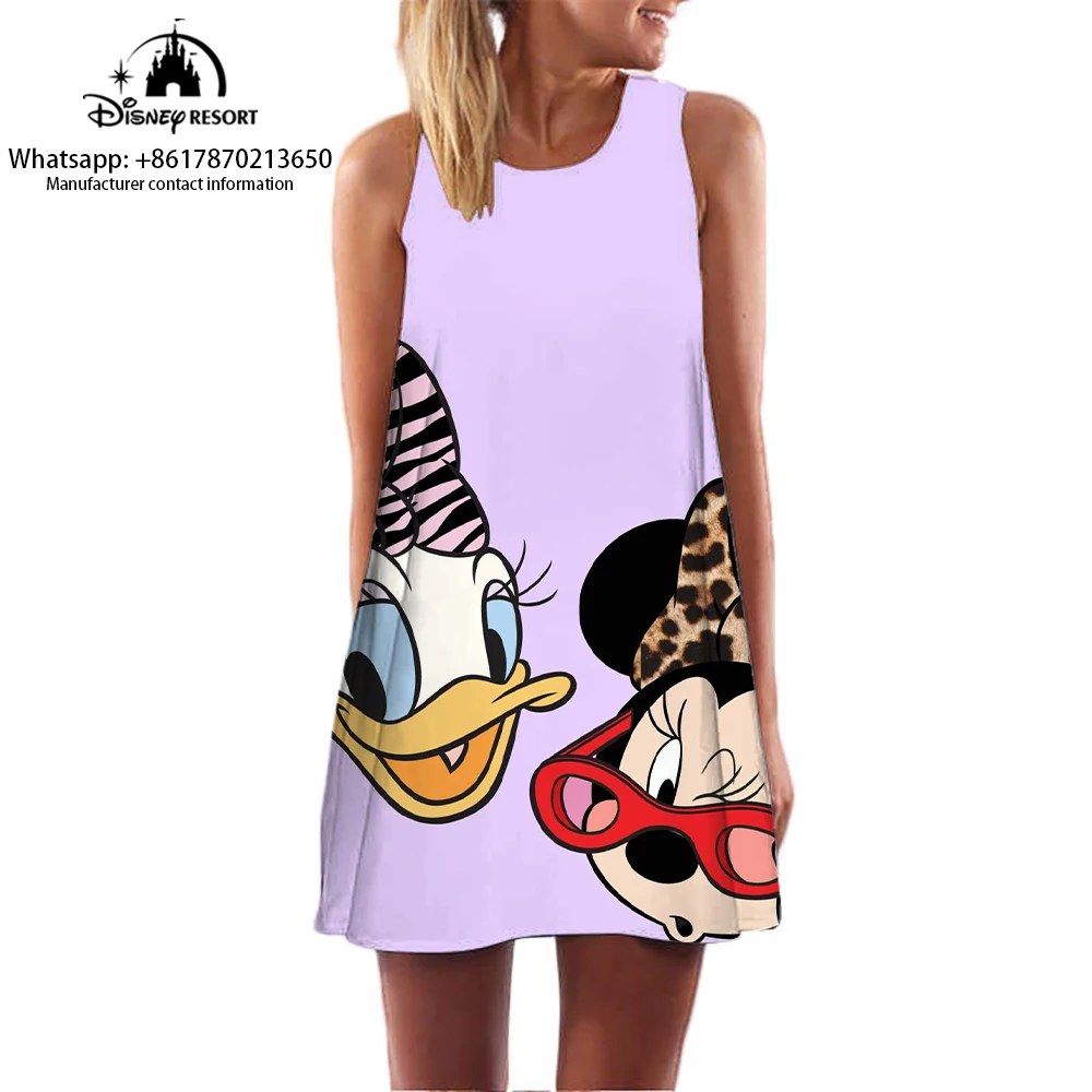 Women\'s Knee-length Dress Mickey Mouse Cartoon Print Summer Home Casual Dress Cute Minnie Pattern Sleeveless Dress