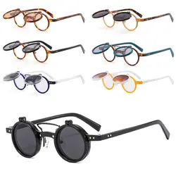 Double-layer Retro Rivets Vintage Steampunk Flip-Up Sunglasses Punk Eyeglasses Flip Lens Round Prescription Sun Glasses Oculos