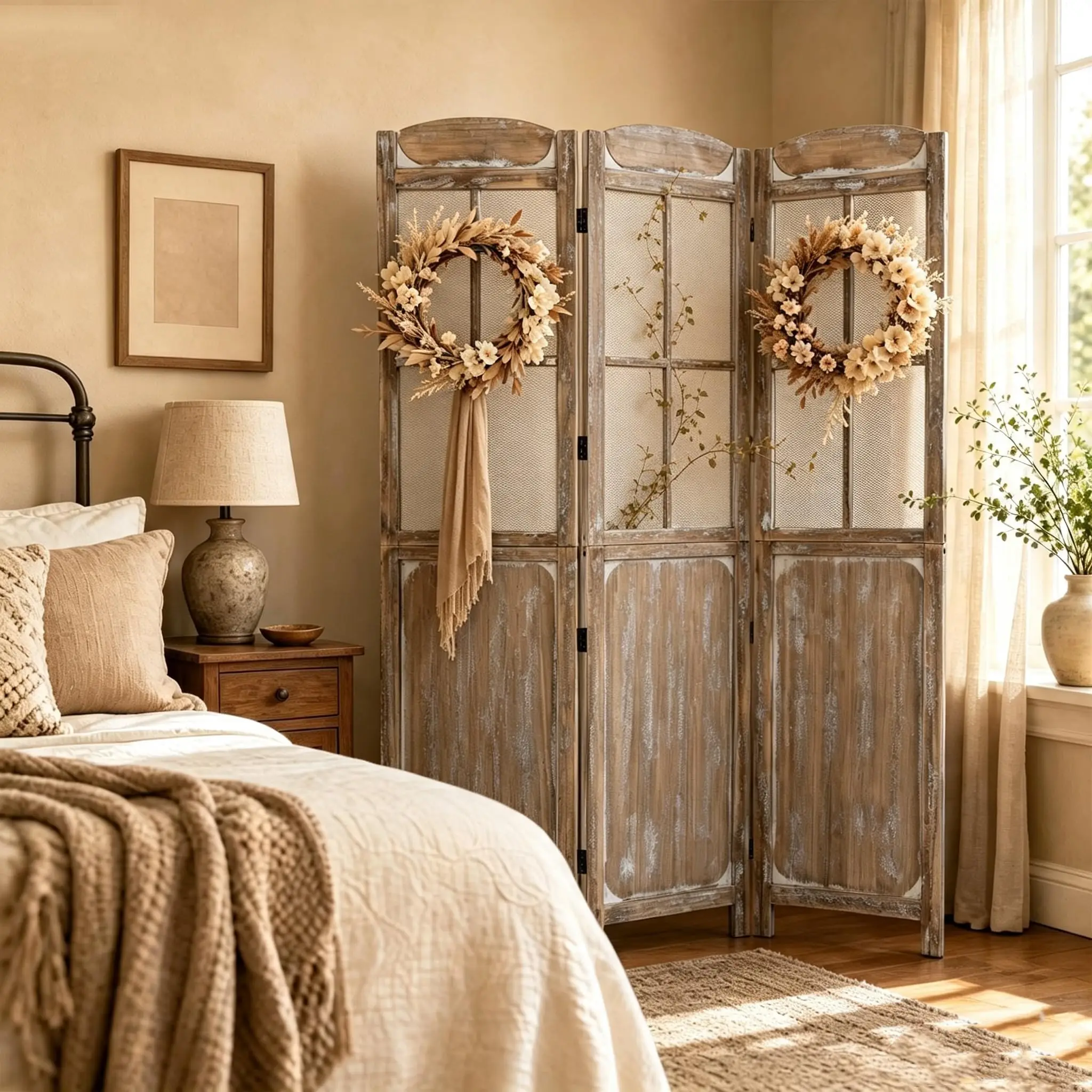 3 Panel Folding Room Divider with Mesh Window, Distressed Brown
