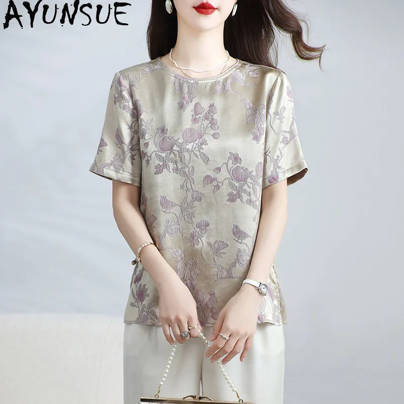 AYUNSUE 30.1% Real Mulberry Silk Tops for Woman Short Sleeved Women T Shirt Summer Jacquard Slimming Women Clothing 2026 New 티셔츠