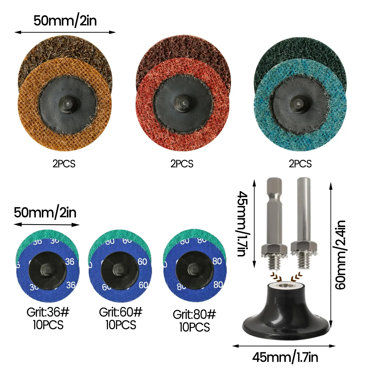 2 Inch 38PCS Quick Change Discs Kit Green  Sanding Discs with 1/4