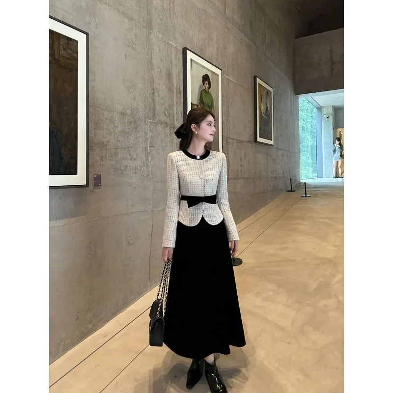 

Новый женский костюм высокого качества с небольшим ароматом, элегантный твидовый пиджак с тонкой талией и длинным рукавом с круглым вырезом + тонкая юбка, комплект из двух предметов