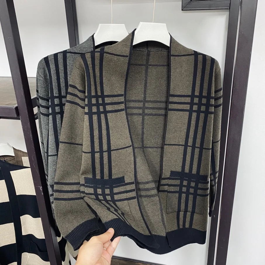 

Sli вязаный открытый кардиган мужской свободный крой модный корейский вариант осенне-весенний клетчатый свитер повседневный V-Ne Long Sve