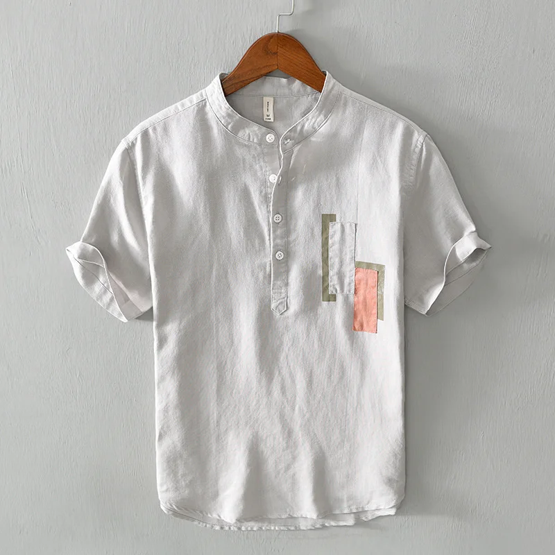 Summer short sleeved pullover cardigan, Chinese style color blocked stand up collar, loose and versatile short sleeved shirt