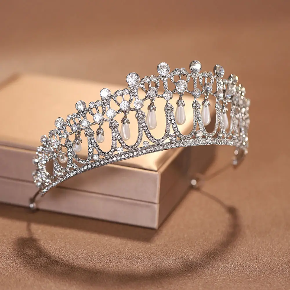 Vintage Bridal Crown Tiara Retro Silver Queen Headpiece With Pendant Beads For Wedding Party Birthday Accessories