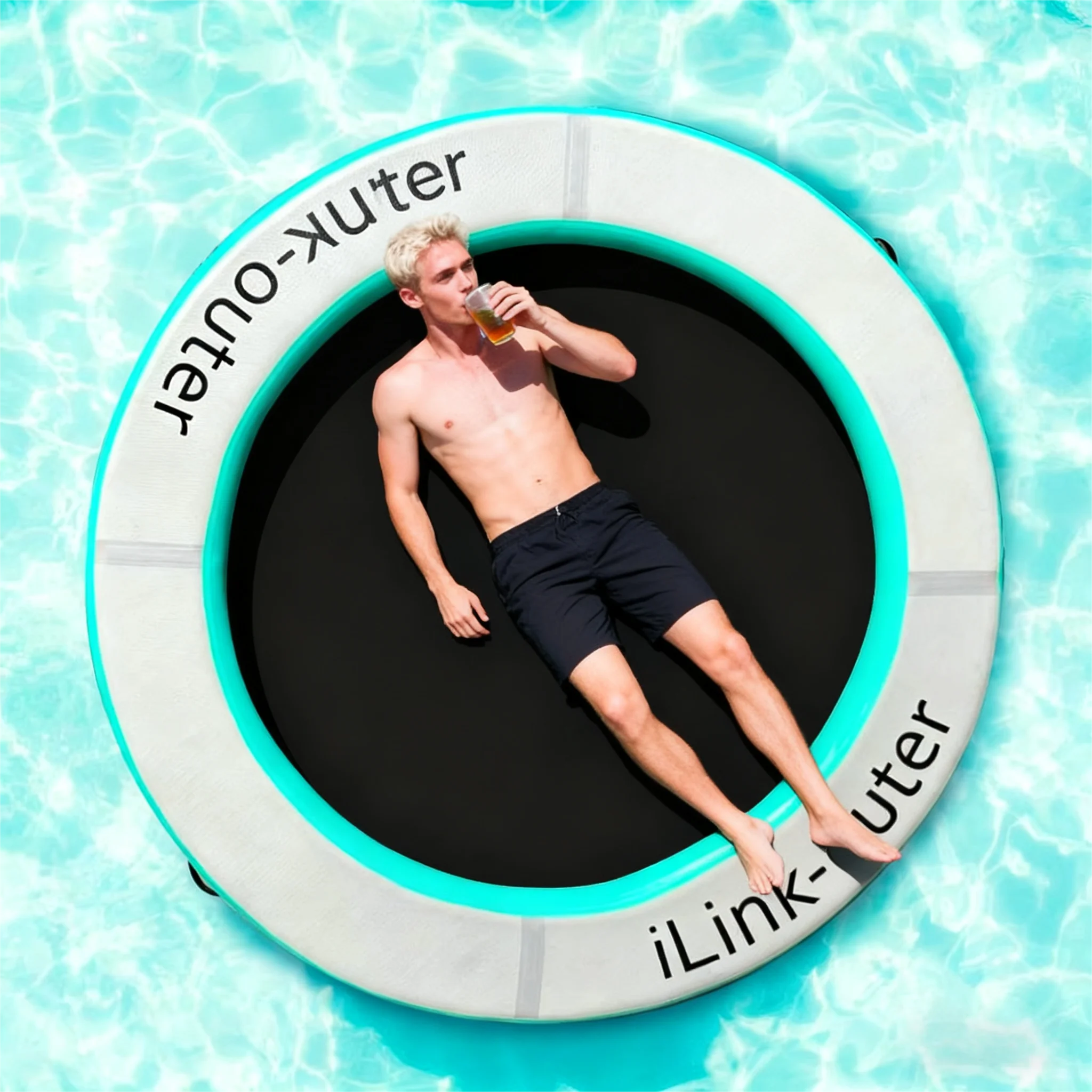 Rede inflável de água com anel flutuante redondo durável. Balsa de rio/lago resistente, espreguiçadeira de piscina para adultos, flutuador de bronzeamento para festa