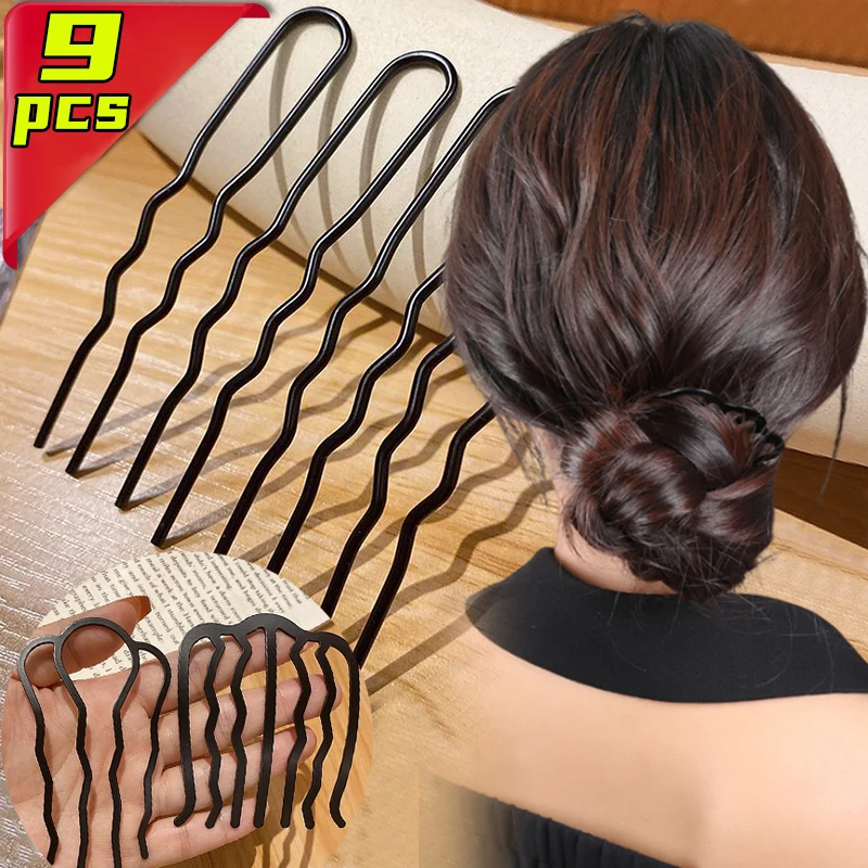 9/1pcs Black Metal U Shape Hairpin Comb Women Messy Bun Hair Pin Clips Braiding Twist Fork Curly Updo Sticks Hair Styling Tools