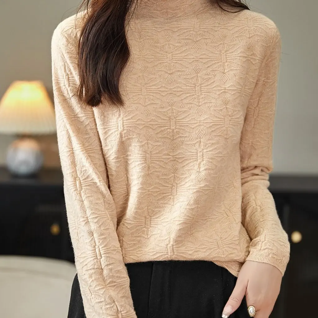 

Spring Women's Semi-High Collar Pullover Sweater Long Sleeve Solid Color Korean Style Temperament Bottoming Shirt