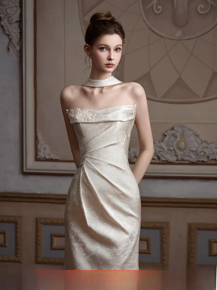 

Элегантное длинное вечернее платье с бретелями в китайском стиле, свадебное платье, женское роскошное платье для небольших банкетов, с силуэтом «рыбий хвост», для торжественных мероприятий