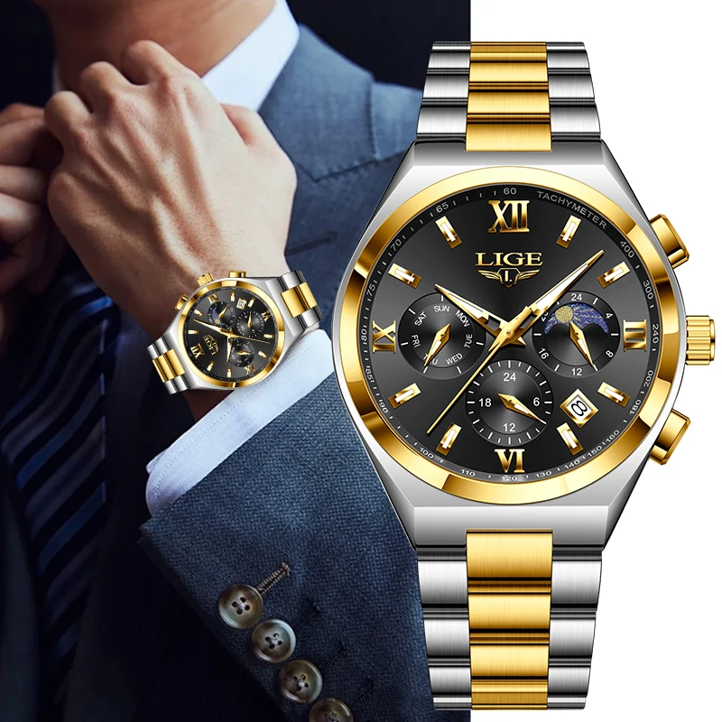 LIGE Business Luxury Quartz Men Watch Fashion Classic Stainless Steel Casual Moon Phase Waterproof Luminous Date Week Wristwatch