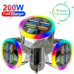 200W 6 Ports Car Charger Fast Charging PD QC3.0 USB C Car Phone Charger Type C Adapter in Car For iPhone Samsung Huawei Xiaomi