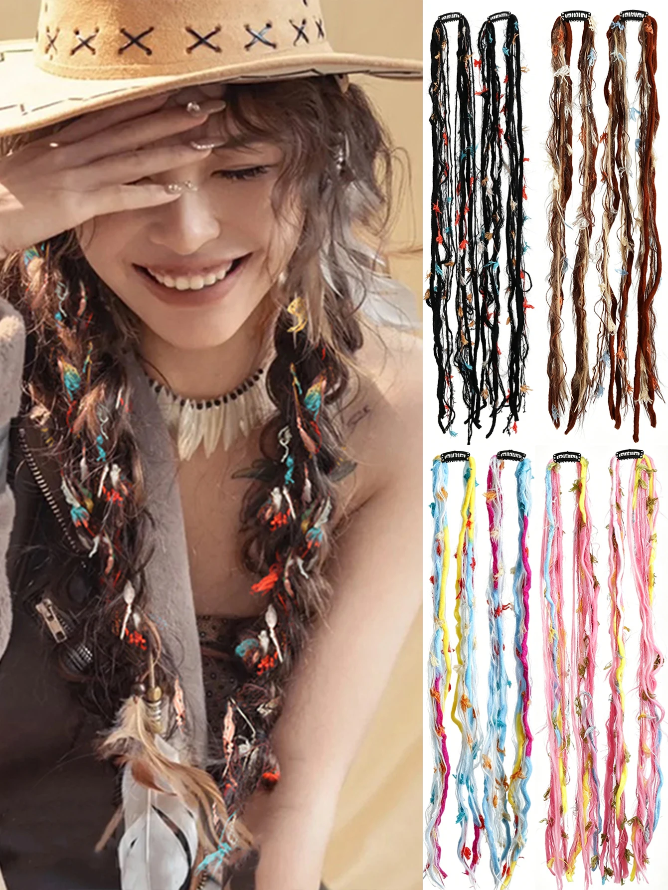 Colorful Synthetic Hand Woven Braiding Hair Extensions Hair Clip In Natural Hair Dreadlock Hair Pieces Bohemian Hair Accessories