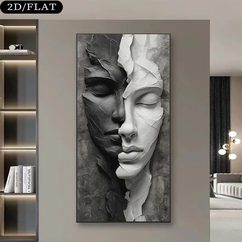 Large-sized 1pc frameless Canvas Painting 2D/Flat 1pc Extra Large Modern Abstract Face Split Canvas Wall Art, Unframed Minimalis