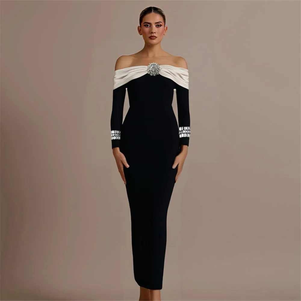 TWOTWINSTYLE Colorblock Slimming Spliced Diamonds Dresses for Women Slash Neck Long Sleeve Patchwork Zipper Dress Female Style