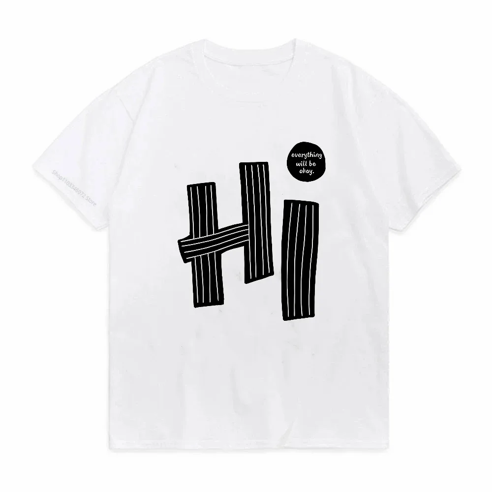تي شيرت رجالي صيفي من القطن الخالص كاجوال فضفاض مناسب بنمط حروف HI مطبوع برقبة دائرية وأكمام قصيرة