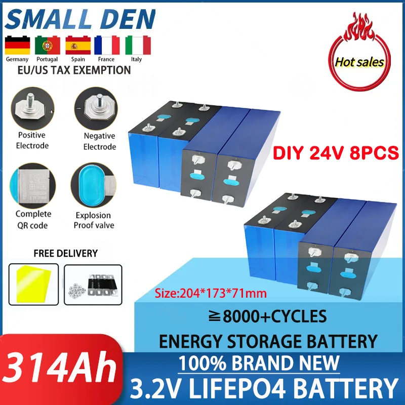 8 pieces EVE 3.2V 314Ah A-grade rechargeable lithium iron phosphate batteries with free solar bus DIY 24V 48V lithium battery pa