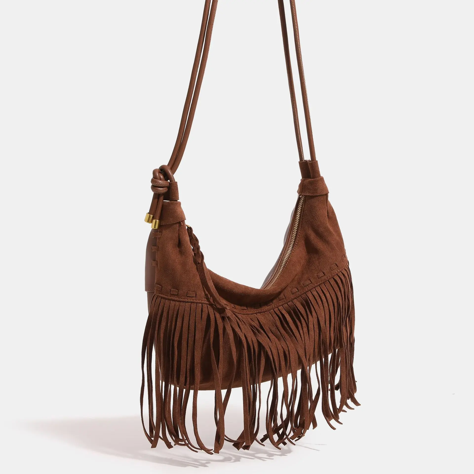 Maxdutti Vintage Bohemian Suede Women's Bag With Tassel Underarm Bag Double-Sided Large Capacity Dumpling Bag Crossbody  Bags