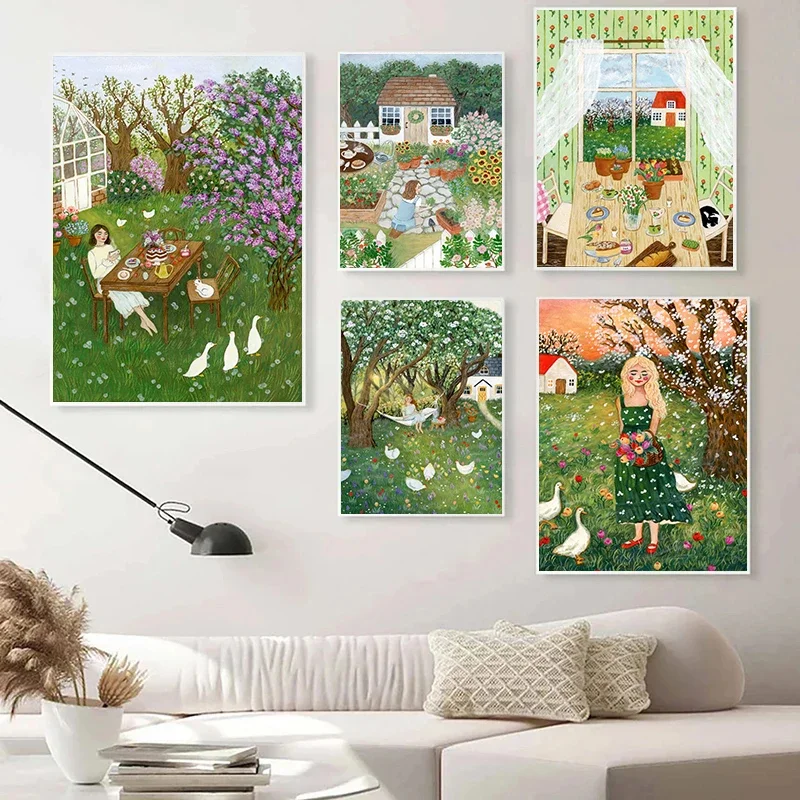 Nordic Autumn Winter Forest Girl Cartoon Minimalist Print Canvas Painting for Living Room Modern Aesthetics Home Decor