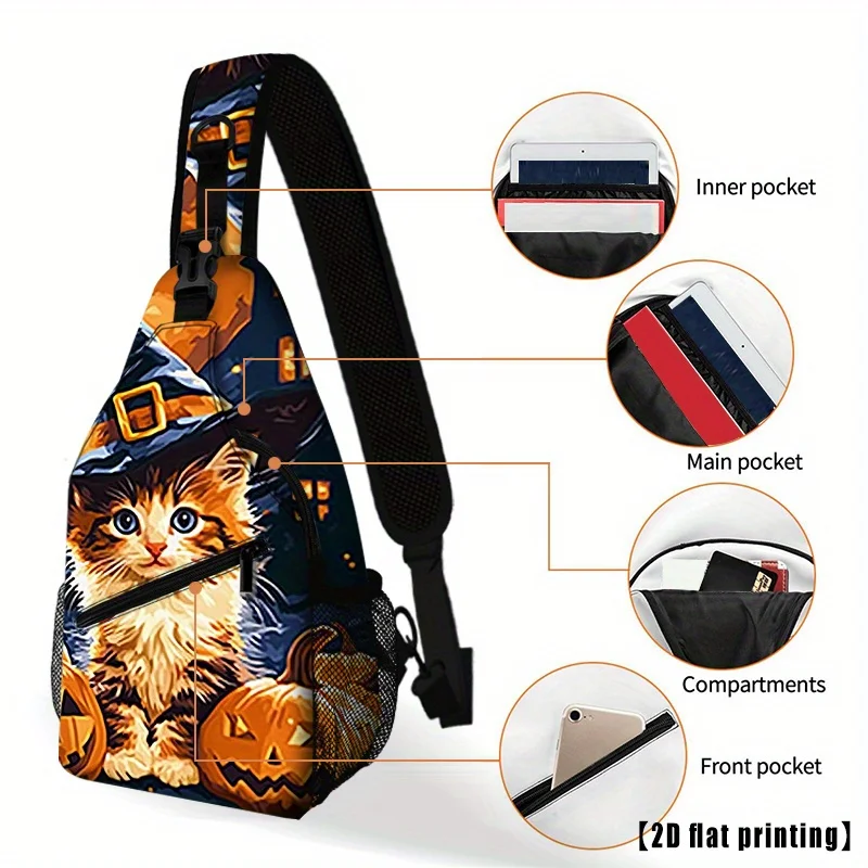 Kawaii Halloween Crossbody Bag with Witch Hat Kitten Pumpkins Large Capacity Purse Adjustable Strap, Zipper Closure Lightweight