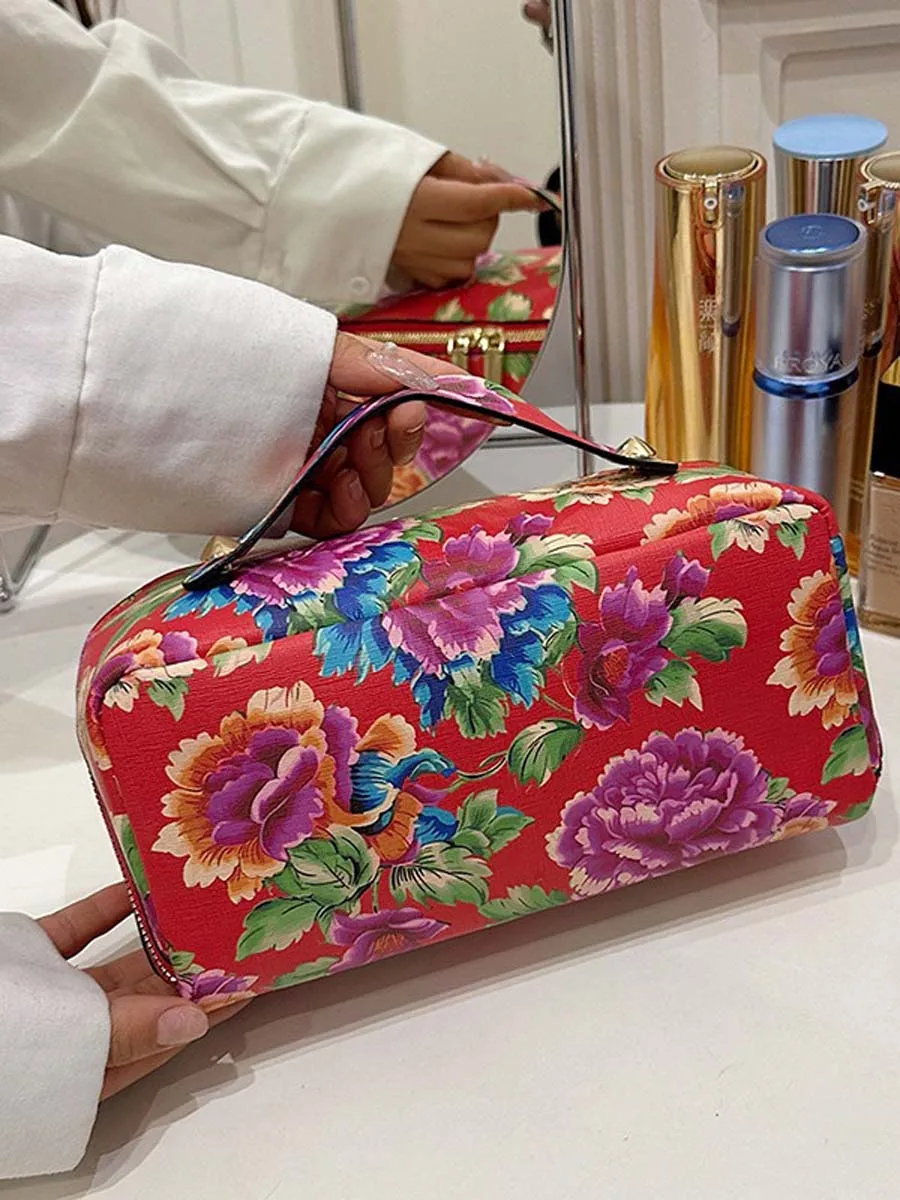 Nueva bolsa de maquillaje portátil China Peony viento nacional festivo bolsa de almacenamiento de cosméticos de gran capacidad bolsa de aseo