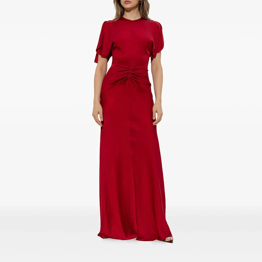 

Customized Red Evening Dresses Elegant O-Neck Short Sleeves Formal Occasion Prom Gowns 2025 Floor Length Prom Dresses