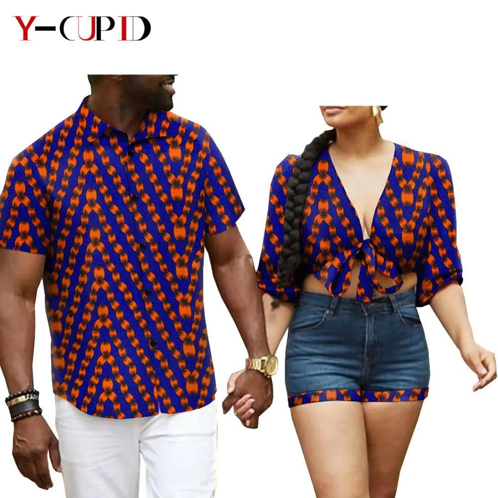 

African Clothes for Couples Sexy Women Ankara Print Crop Top and Cowboy Shorts Matching Outfits Men Shirts Lover Wear S20C016