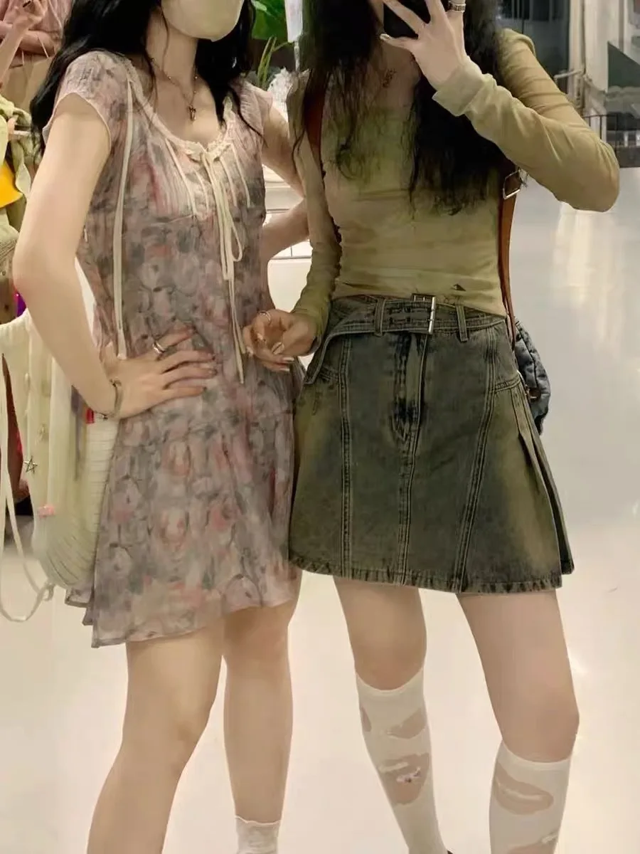 

Американская джинсовая юбка с высокой талией, женская летняя джинсовая юбка 2024, новинка High Street, плиссированный дизайн, юбки с запахом для тела