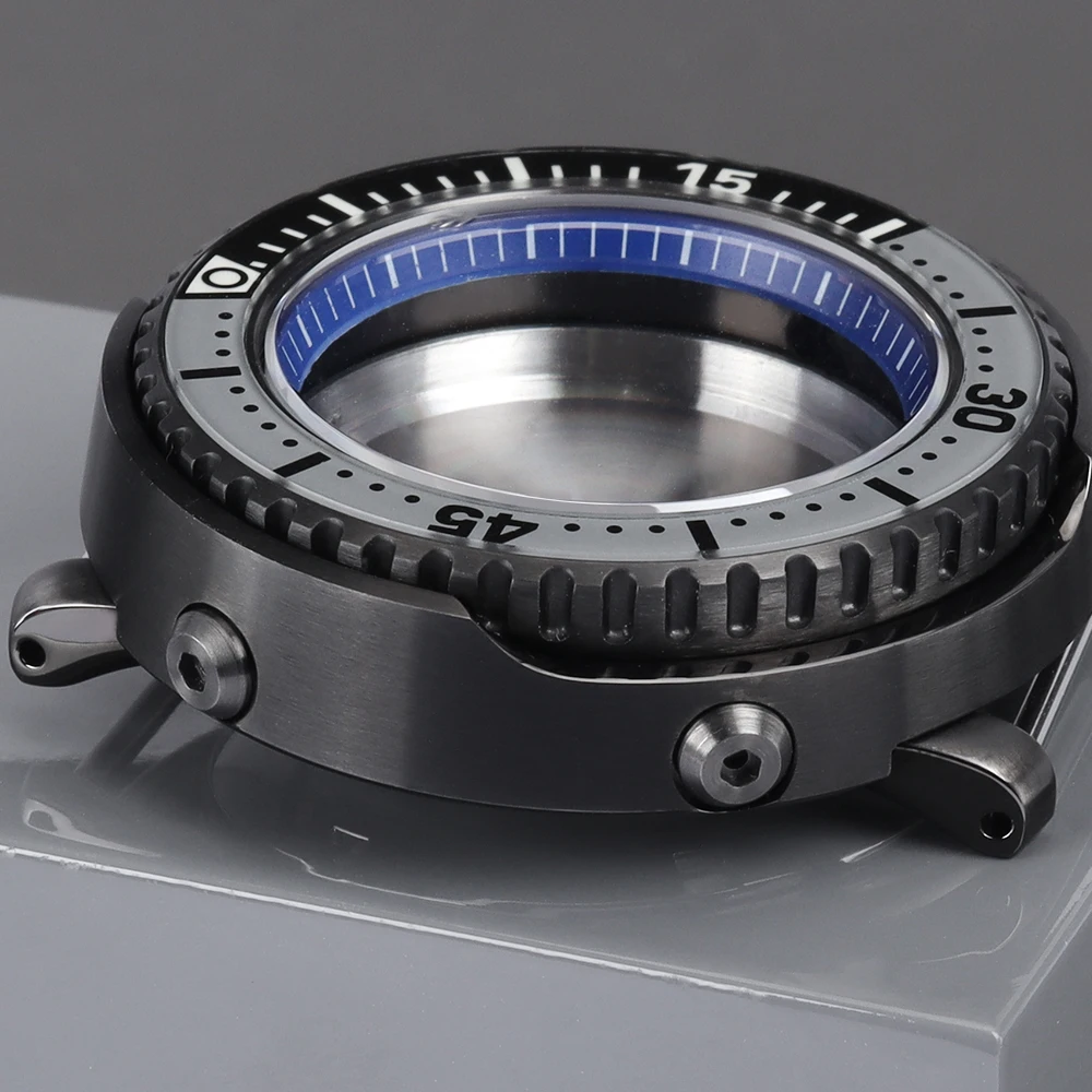 Schwarzes 43mm Uhrengehäuse mit Leuchtlünette, Saphirglas, Taucheruhrgehäuse für NH34 NH35 NH36 NH70 Uhrwerk, SKX Tuna Can Uhrenteile – Detail 5