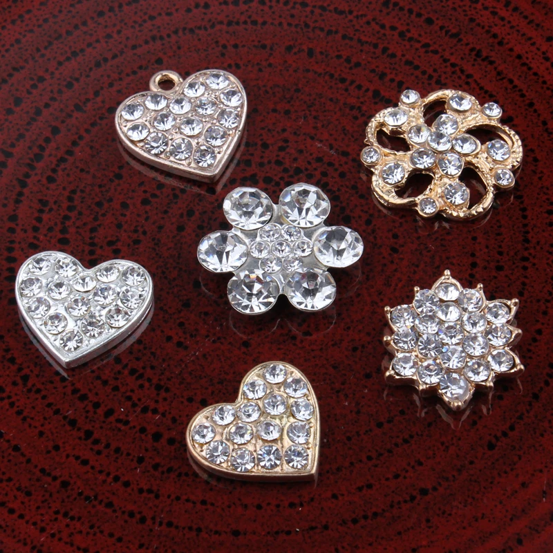 120PC Vintage heart/flower/snow Metal Rhinestone Buttons Bling Alloy Crystal Flatback Flower Centre Buttons for Hair accessories