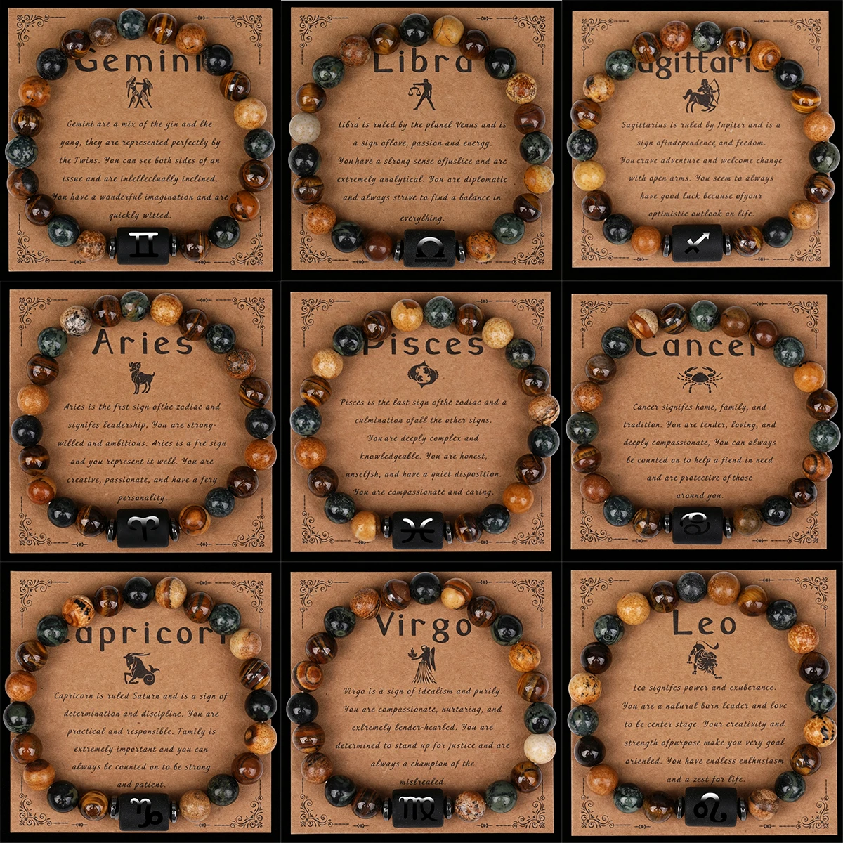 12 Sternzeichen-Armbänder aus Naturstein für Krebs, Jungfrau, Löwe, Waage - Paar- und Freundschaftsgeschenke, Schmuck-Armbänder, Pulsera Hombre – Detail 4