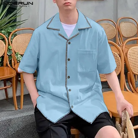 INCERUN Camicia da uomo Tinta unita Risvolto Manica corta Top Estate Oversize Streetwear Cotone Stile coreano Moda Casual Abbigliamento uomo